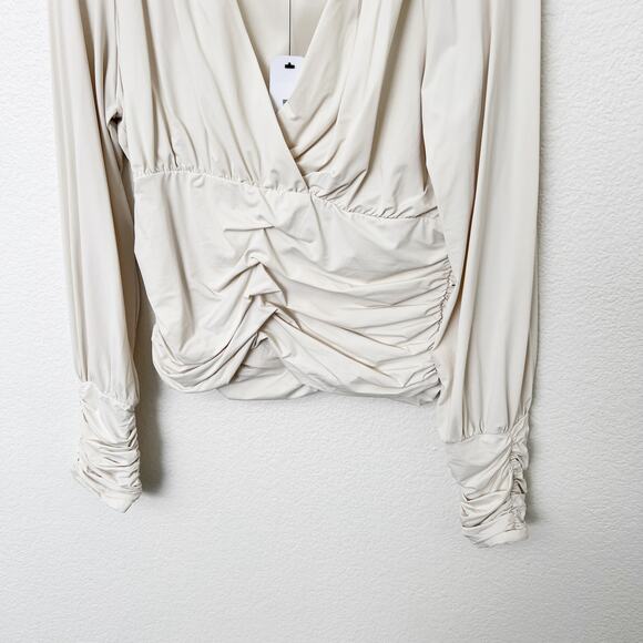 [Olia] White Draped V-Neck Ruched Waist Pleated Long Sleeve Blouse NWT Size XL - Picture 7 of 10